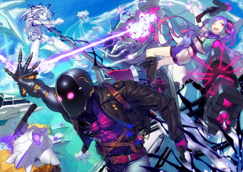 airship battle belt boots can character_request cleaver cloud condensation_trail contrail destruction explosion gloves glowing glowing_eyes gun highres huge_weapon knife male mask mckeee mechanical_arm missile multiple_girls open_mouth original purple_hair red_eyes shorts side_ponytail sky smile sword weapon wink