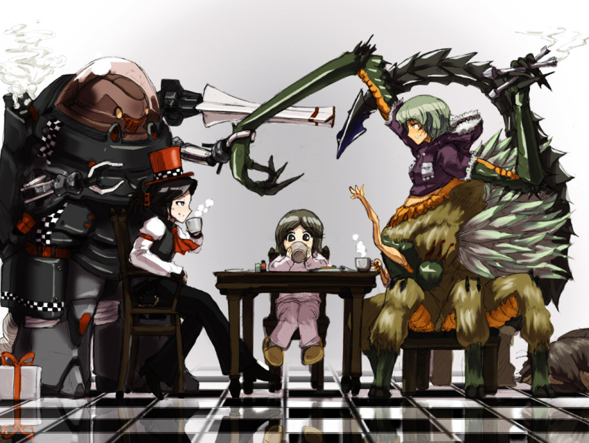 battle black_hair brown_hair character_request copyright_request cup green_hair hat monster_girl pants short_hair slippers sonjow4