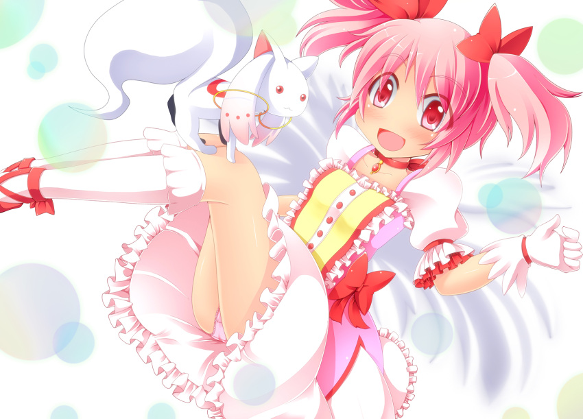 artist_request blush choker dress gloves grin hair_bow happy kaname_madoka kyubey kyuubee magical_girl mahou_shoujo_madoka_magica open_mouth panties pantyshot pink_hair pink_panties red_eyes smile source_request twintails