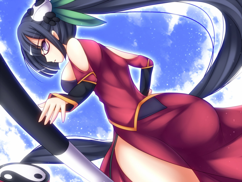 black_hair blazblue breasts china_dress chinadress chinese_clothes female from_behind glasses hair_ornament lao_jiu litchi_faye_ling long_hair looking_back mikan_(5555) panda polearm ponytail purple_eyes sky solo staff very_long_hair weapon yin_yang