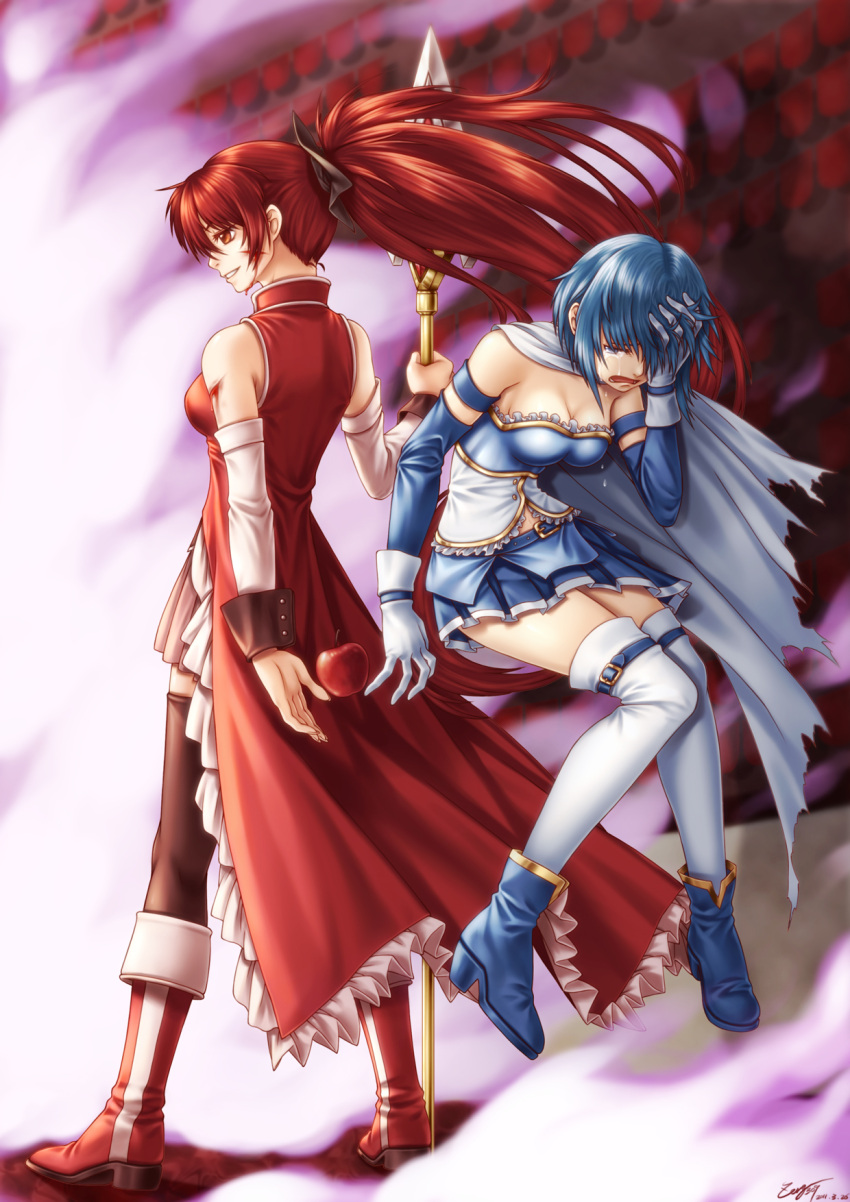 apple back-to-back bare_shoulders blood blue_hair boots breasts cape cleavage closed_eyes cuts detached_sleeves eyes_closed food fruit gloves highres holding_head injury long_hair mahou_shoujo_madoka_magica miki_sayaka multiple_girls polearm ponytail profile red_eyes red_hair redhead sakura_kyouko short_hair spear standing tears thigh-highs thighhighs torn_cape weapon white_gloves zerg zerg309 zettai_ryouiki