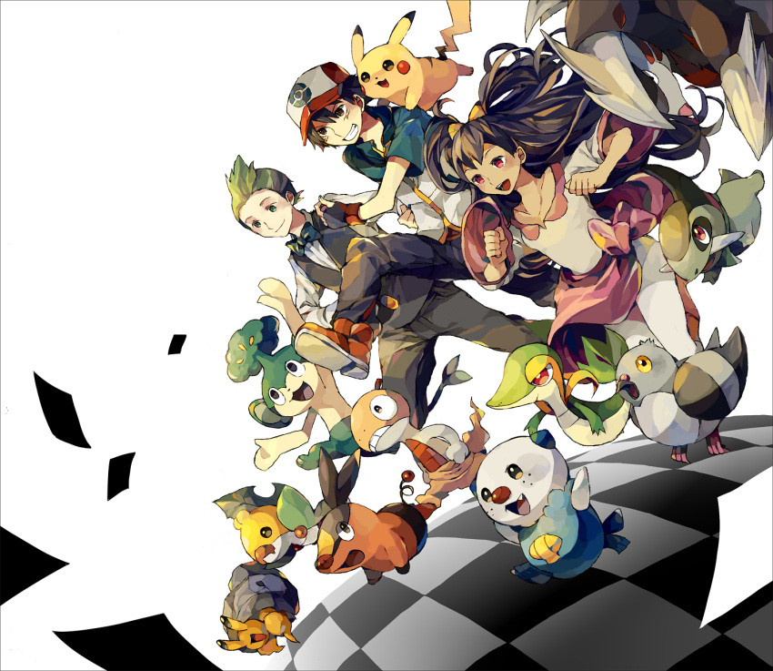 1girl 2boys ash_ketchum axew baseball_cap black_hair border bow bowtie brown_eyes checkered_floor cilan_(pokemon) clenched_hands commentary_request dark-skinned_female dark_skin dwebble excadrill fingerless_gloves gloves green_eyes green_hair grin hair_bow hat highres iris_(pokemon) long_hair multiple_boys open_mouth oshawott pansage pidove pikachu pokemon pokemon_(anime) pokemon_(creature) pokemon_bw_(anime) red_eyes running scraggy sewaddle short_hair smile snivy starter_pokemon_trio tepig traditional_bowtie tuxedo twintails two_side_up yuuichi_(bobobo)