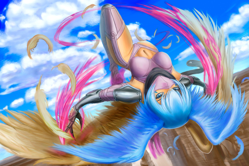 armor blue_eyes blue_hair canyon claws cloud clouds digimon digimon_frontier facial_mark feathers head_wings highres legs mask midriff navel pink_legwear scarf short_hair shutumon solo tan thigh-highs thighhighs upside-down wings worange zephyrmon