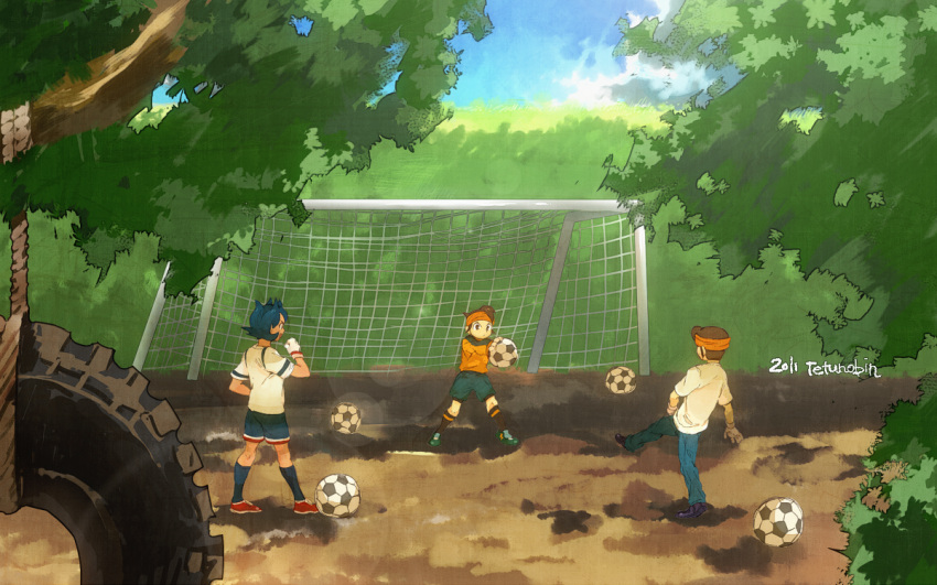 ball blue_hair brown_hair endou_daisuke endou_mamoru footwear goal goalkeeper headband inazuma_eleven inazuma_eleven_(series) playing_sports rococo_urupa scenery short_hair soccer soccer_ball socks sport telstar tetsu_(teppei) tire tree