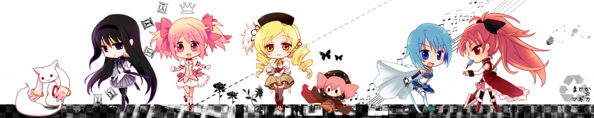 akemi_homura beret black_hair black_rose black_rose_(flower) blonde_hair blue_eyes blue_hair bubble_skirt butterfly cape chair checkered chibi crown cup dotted_outline drill_hair everyone flower food hairband hat highres hourglass ice_cream kaname_madoka kyubey long_hair long_image magical_girl mahou_shoujo_madoka_magica miki_sayaka miyu_(matsunohara) mouth_hold multiple_girls musical_note pink_eyes pink_hair polearm ponytail puffy_sleeves purple_eyes red_eyes red_hair redhead rose sakura_kyouko short_hair spear sword teacup thigh-highs thighhighs tomoe_mami twin_drills twintails violet_eyes weapon wide_image yellow_eyes