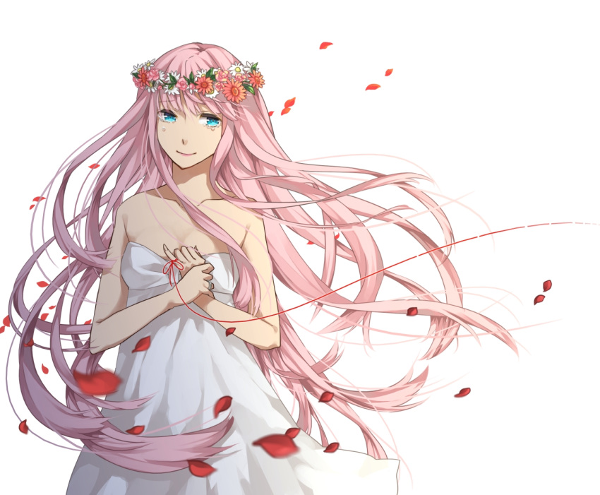 cleavage dress flower hair_flower hair_ornament head_wreath just_be_friends_(vocaloid) long_hair megurine_luka petals pink_hair red_string ribbons simple_background smile solo string tunapon01 vocaloid white