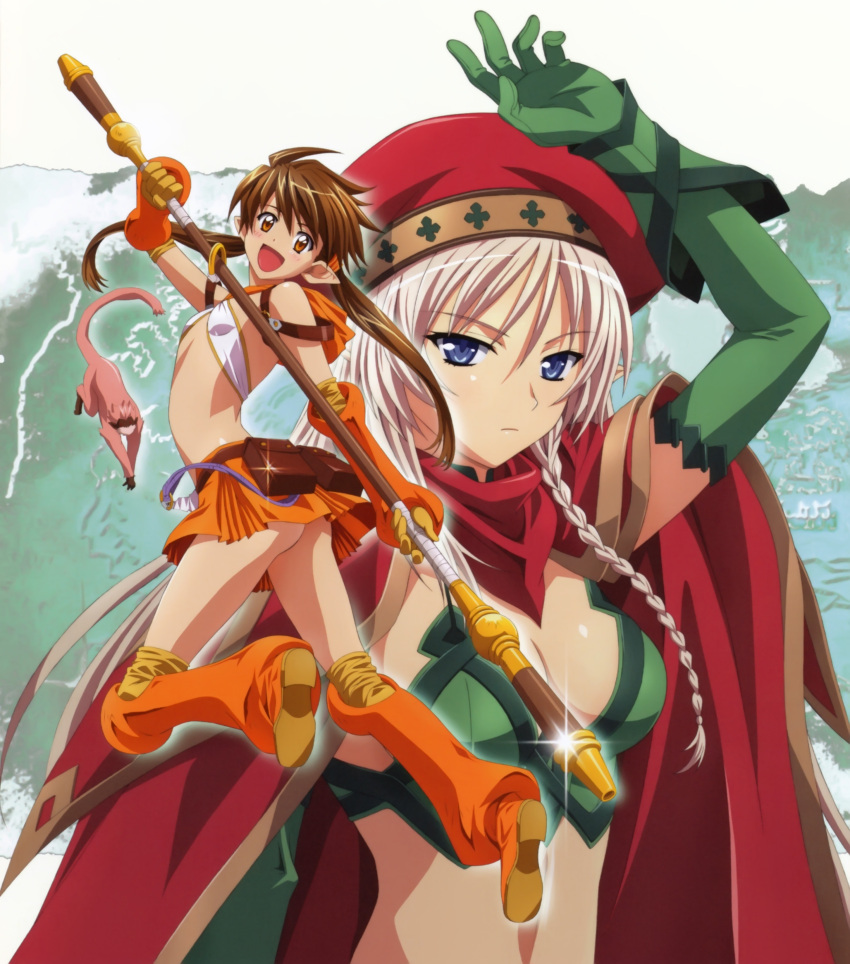 absurdres alleyne beret blonde_hair blue_eyes blush boots braid breasts brown_eyes brown_hair cape cleavage elbow_gloves elf flat_chest gloves hat highres long_hair midriff monkey multiple_girls nowa open_mouth pointy_ears queen's_blade queen's_blade rin-sin ruu_(queen's_blade) ruu_(queen's_blade) side_braid skirt staff thigh-highs thigh_boots thighhighs twintails
