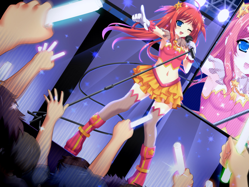 1girl blue_eyes boots female frilled_legwear frilled_skirt gloves glowstick hair_ornament highres idol long_hair microphone microphone_stand miniskirt open_mouth original pink_boots redhead singing skirt solo_focus star_hair_ornament tagme thigh-highs vioka white_gloves wink
