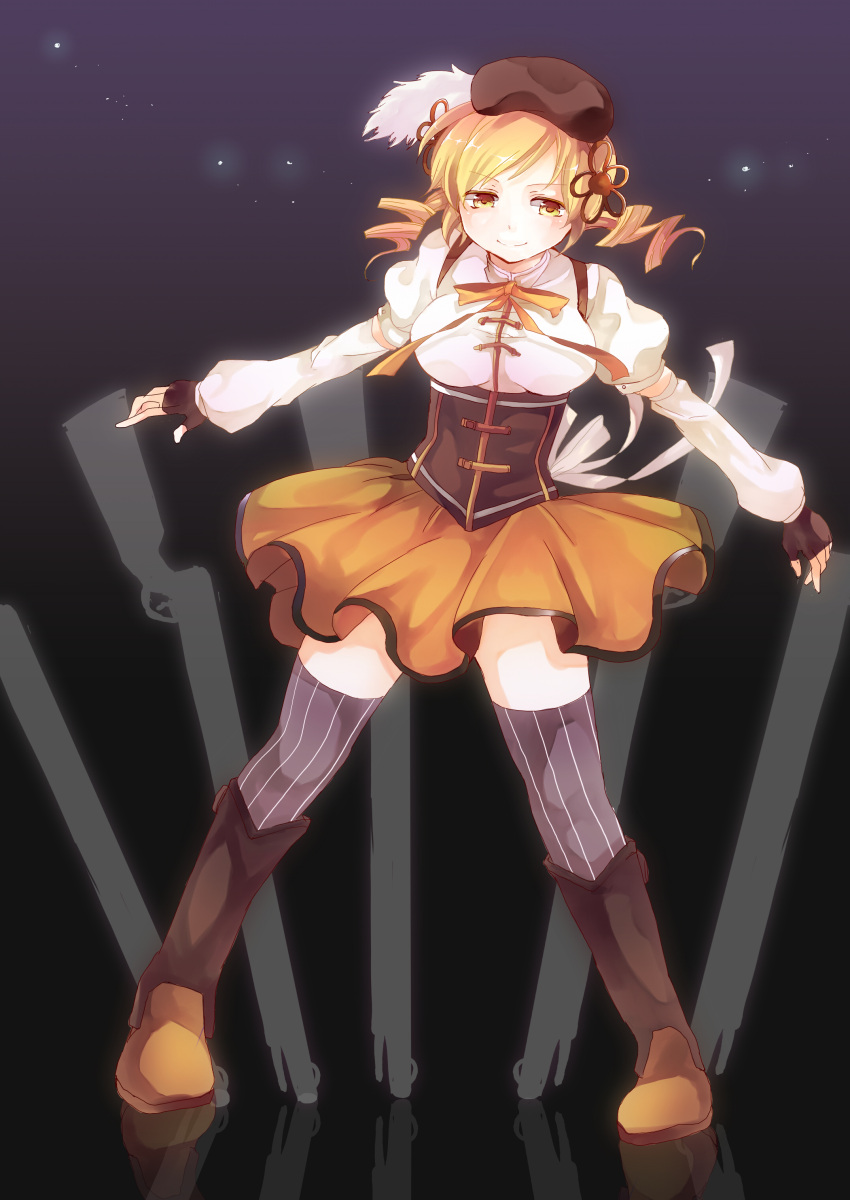 absurdres bad_id beret blonde_hair boots breasts corset detached_sleeves drill_hair fingerless_gloves gloves gun hair_ornament hat highres large_breasts magical_girl mahou_shoujo_madoka_magica pleated_skirt puffy_sleeves shishina skirt smile solo taut_shirt thigh-highs thighhighs tomoe_mami weapon yellow_eyes