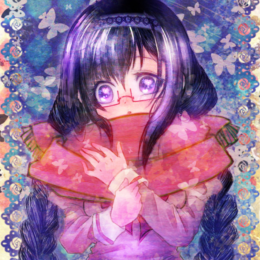 akemi_homura alternate_hairstyle bad_id bahun_uni black_hair black_rose black_rose_(flower) braid bust butterfly flower glasses highres long_hair mahou_shoujo_madoka_magica multicolored_rose purple_eyes red-framed_glasses red_rose rose scarf school_uniform solo spoilers symbol-shaped_pupils twin_braids violet_eyes white_rose