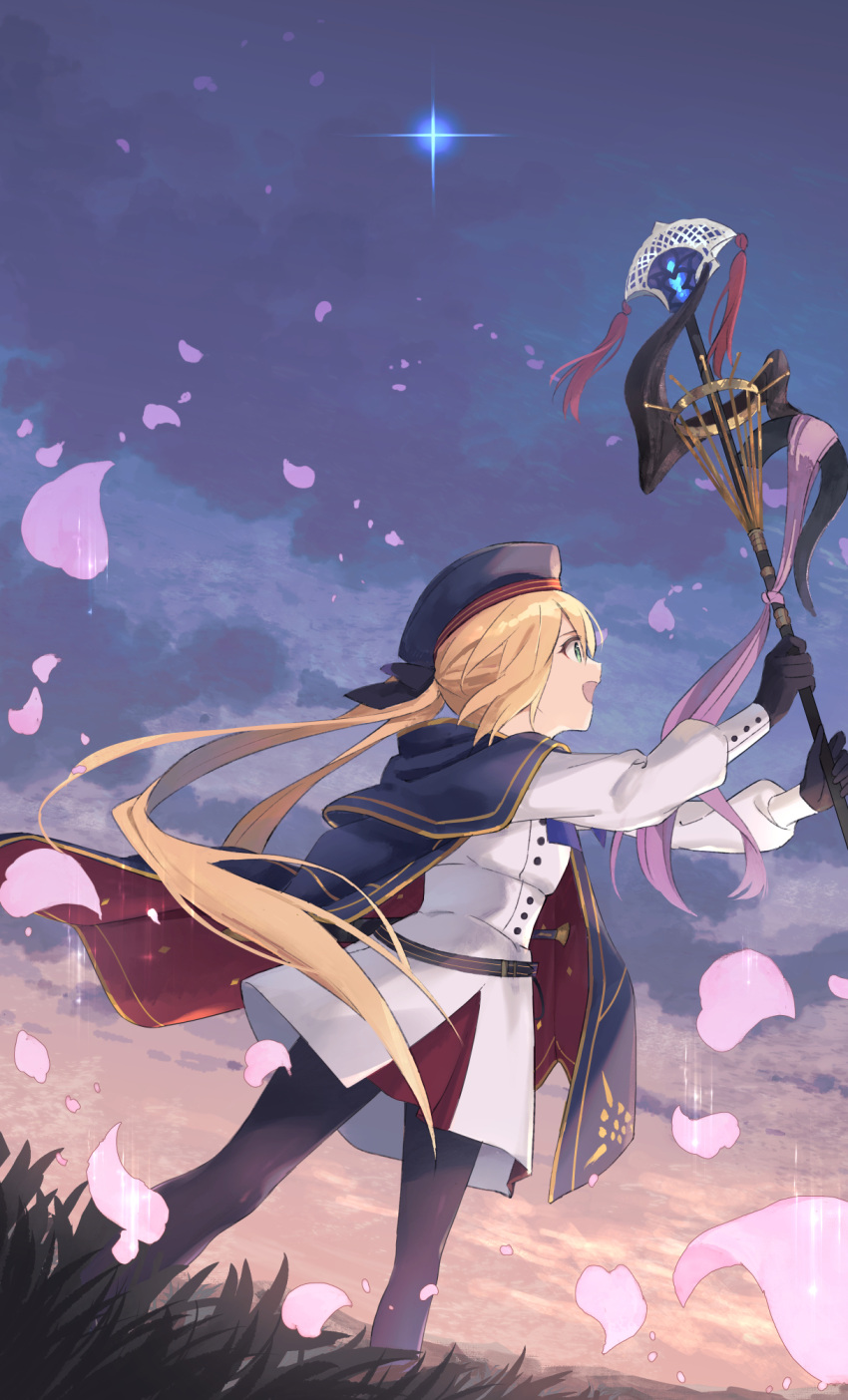 1girl artoria_pendragon_(caster)_(fate) artoria_pendragon_(fate) bangs belt black_gloves black_legwear blonde_hair blue_belt blue_bow blue_cape blue_headwear bow buttons cape clouds commentary_request dress fate/grand_order fate_(series) floating_hair from_side gloves gold_trim grass green_eyes hair_bow hat highres holding holding_staff holding_weapon long_hair long_sleeves looking_away open_mouth outdoors pantyhose petals ra0ra3 red_cape sheath sheathed short_sword sky smile solo staff sword twintails two-tone_cape weapon white_dress