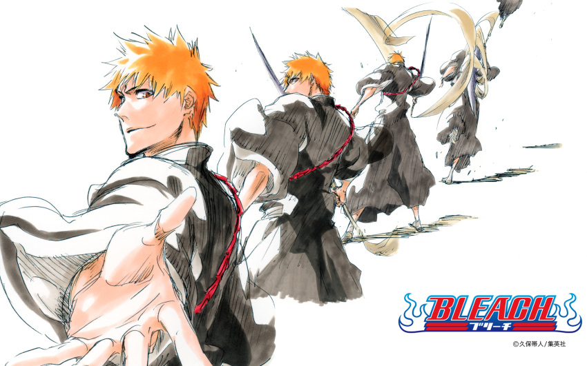 1920x1200 bleach highres japanese_clothes jumping kubo_taito kurosaki_ichigo looking_back male multiple_persona official_art orange_hair outstretched_hand shikai shinigami short_hair solo sword title_drop weapon yellow_eyes