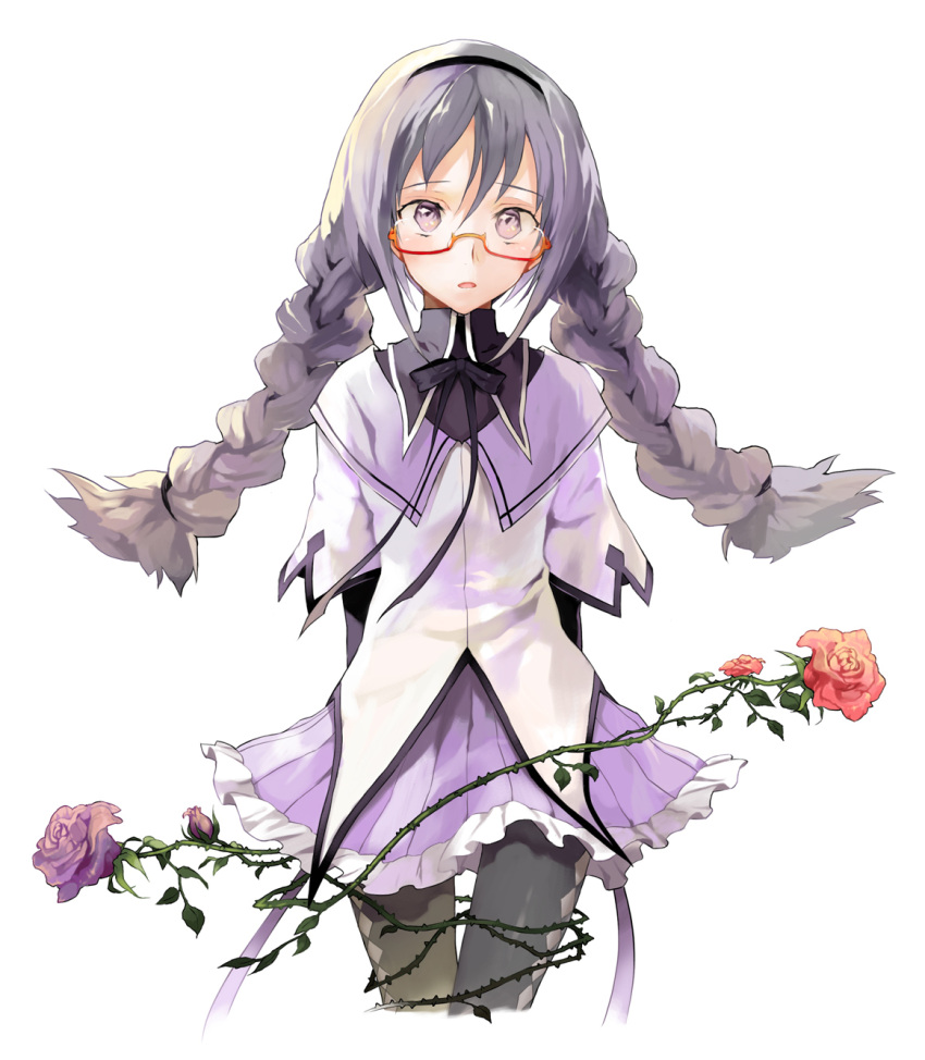 akemi_homura alternate_hairstyle argyle argyle_legwear black_hair black_legwear braid flower frilled_skirt glasses hairband highres kyuusugi_toku long_hair magical_girl mahou_shoujo_madoka_magica open_mouth pantyhose pink_rose purple_eyes purple_rose red-framed_glasses rose simple_background skirt solo spoilers twin_braids violet_eyes