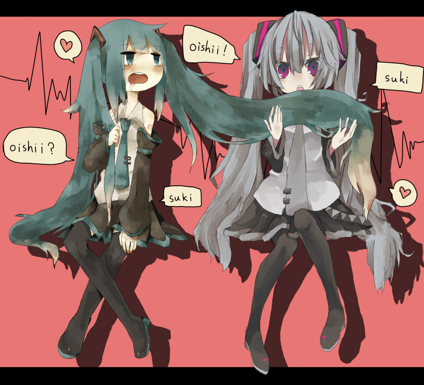 akira010111 aqua_eyes aqua_hair boots detached_sleeves hatsune_miku highres letterboxed long_hair multiple_girls necktie open_mouth saliva sitting skirt thigh-highs thigh_boots thighhighs twintails very_long_hair vocaloid