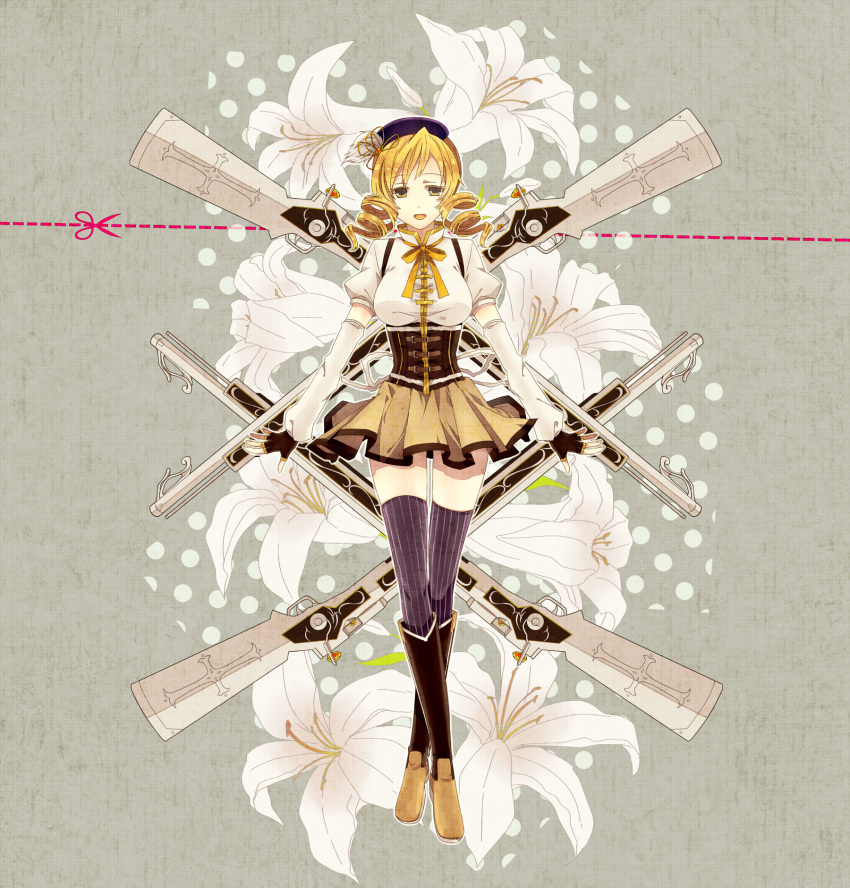 beret blonde_hair boots breasts brown_legwear corset crossed_legs_(standing) detached_sleeves dotted_line dotted_outline drill_hair fingerless_gloves flower gloves gun hair_ornament hairpin hat highres lily lily_(flower) long_hair magical_girl magical_musket mahou_shoujo_madoka_magica mami_mogu_mogu musket puffy_sleeves ribbon scissors solo standing thigh-highs thighhighs tomoe_mami twin_drills vertical-striped_legwear vertical_stripes washi_(micino) weapon when_you_see_it yellow_eyes zettai_ryouiki