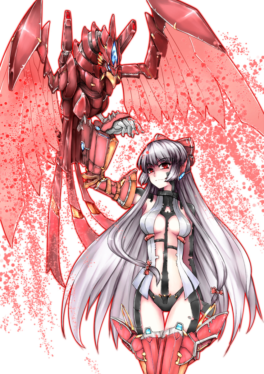 &gt;:) adapted_costume armor bad_id bikini_armor bird bird_on_arm bow breasts cyborg energy fujiwara_no_mokou gauntlets glowing hair_bow highres hips long_hair looking_at_viewer mecha_musume no_bra open_clothes open_shirt outline phoenix red_eyes red_wings robot robot_ears robotic_arms robotic_legs science_fiction shoulder_pads silver_hair simple_background smirk solo standing thigh_gap thighhighs thighs touhou very_long_hair wazawai weapon white_background wings