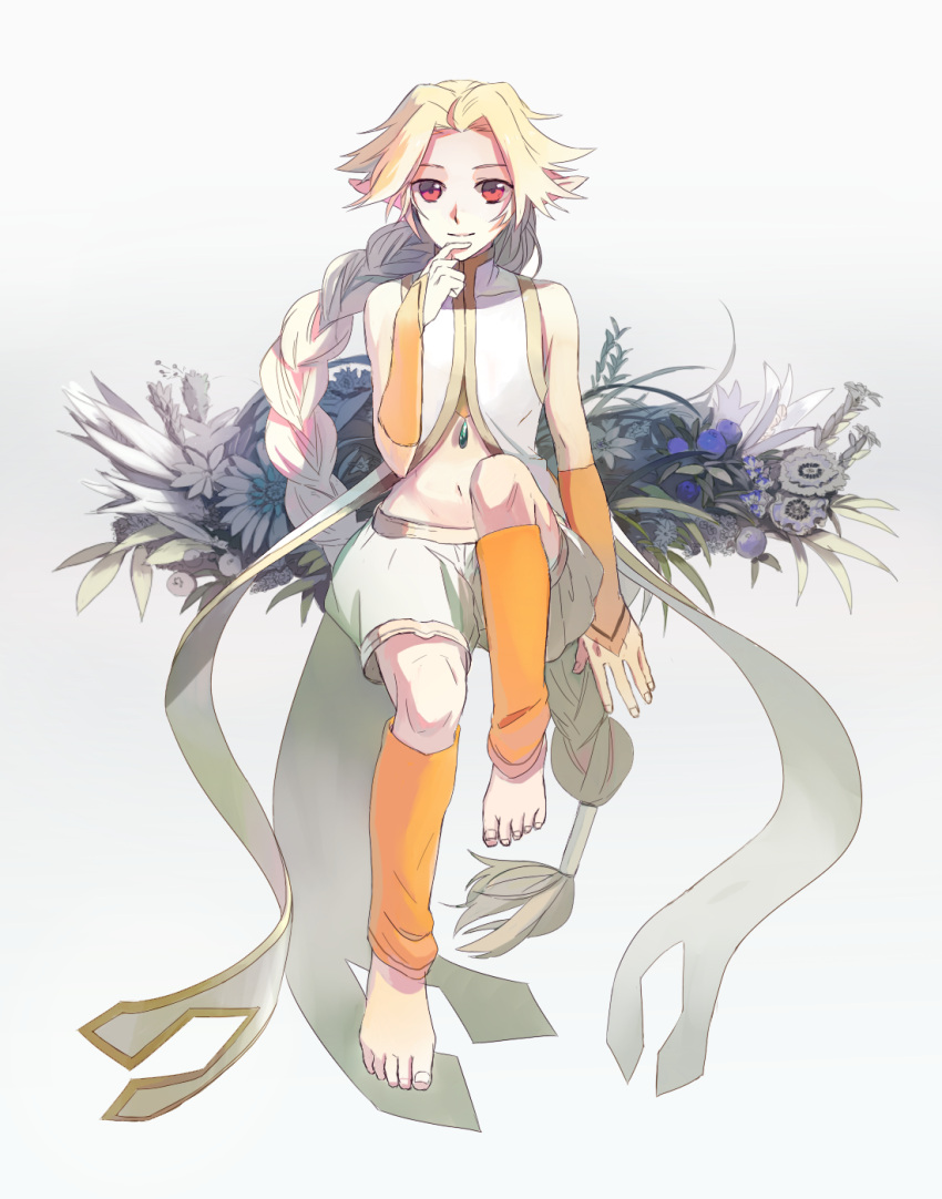 bad_id barefoot blonde_hair braid chin_rest coat cogiku feet flower gloves highres himmel leg_warmers long_hair male midriff navel pointy_ears red_eyes shorts sitting smile solo tales_of_(series) tales_of_innocence very_long_hair white_background