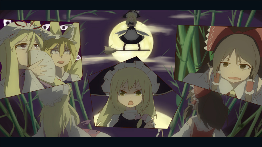 apron bamboo bamboo_forest blonde_hair bow braid broom broom_surfing broomsurfing brown_eyes brown_hair constricted_pupils covering covering_face covering_mouth crossed_arms detached_sleeves fan fang fangs folding_fan forest fox_tail full_moon hair_bow hair_tubes hakurei_reimu hat hat_ribbon highres imperishable_night japanese_clothes kirisame_marisa letterboxed long_hair miko moccoro moon multiple_girls multiple_tails nature night ribbon short_hair single_braid tail tenkomori_(bug_kura) touhou waist_apron witch witch_hat yakumo_ran yakumo_yukari yellow_eyes