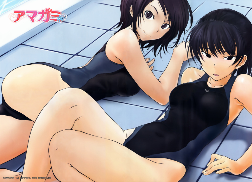 amagami ass black_eyes black_hair competition_swimsuit highres kawagishi_keitarou lying multiple_girls one-piece_swimsuit school_swimsuit short_hair smile swimsuit swimsuit takahashi_maya tsukahara_hibiki