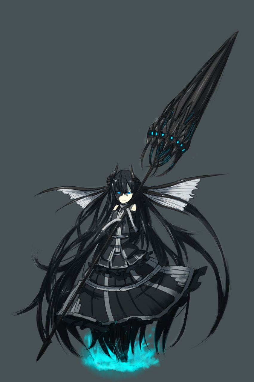absurdres annoyed blue_eyes dress elbow_gloves gloves head_fins highres horns lance long_hair original polearm shirogane_usagi simple_background solo very_long_hair weapon wings