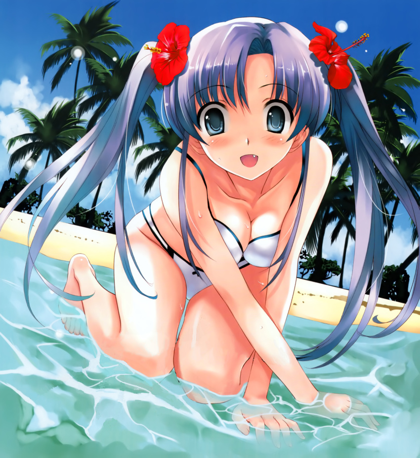 barefoot bikini blue_eyes blue_hair breasts cleavage fang flower foreshortening hair_flower hair_ornament highres misaki_kurehito palm_tree swimsuit swimsuit tree twintails water