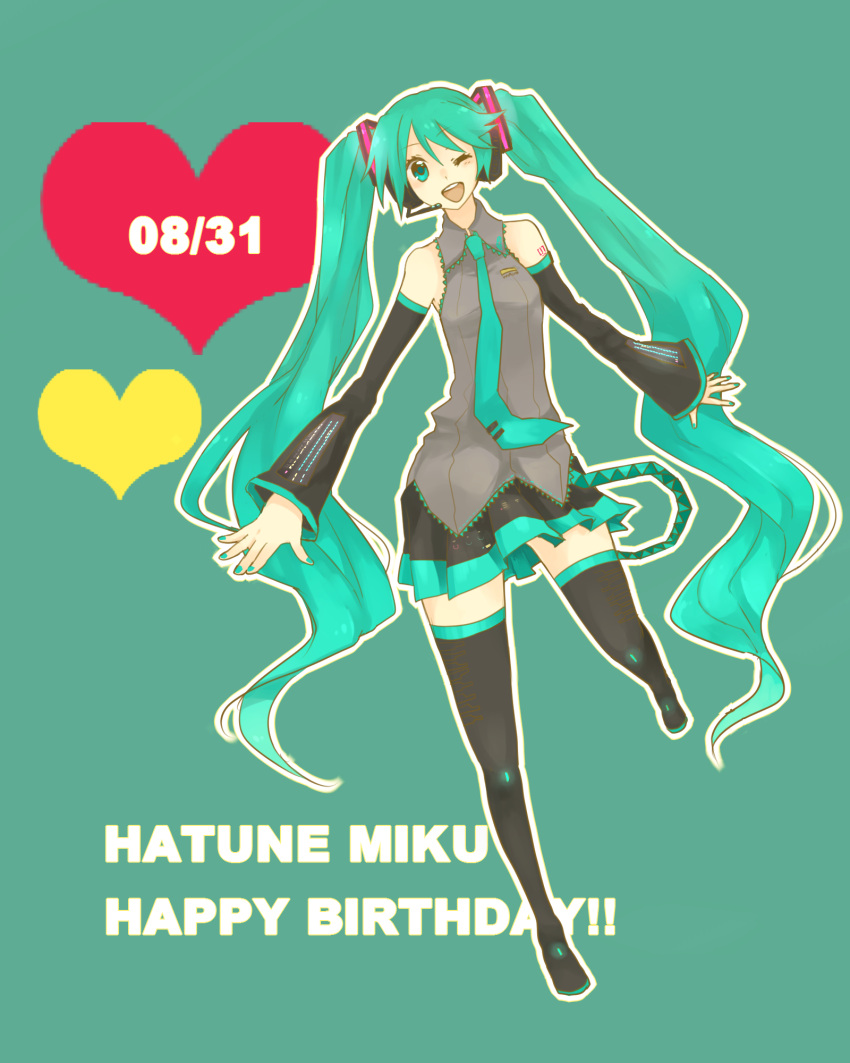 detached_sleeves hatsune_miku open_mouth solo thigh-highs twintails vocaloid wink