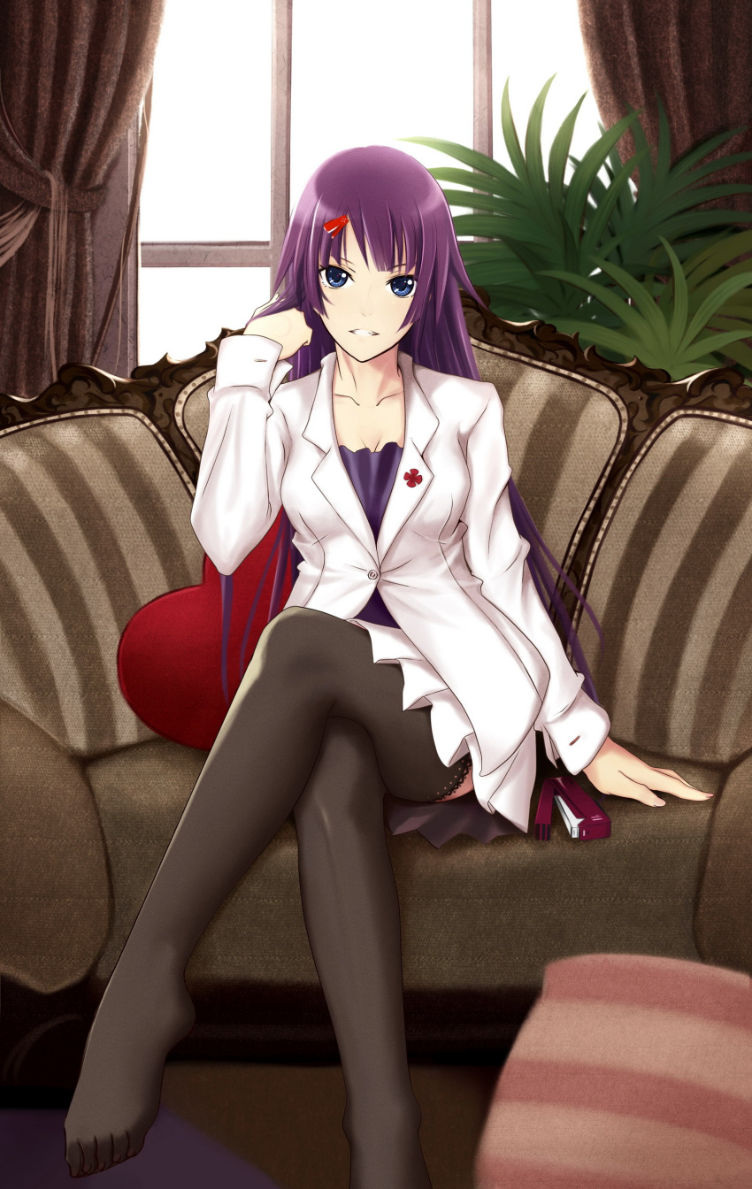 absurdres adjusting_hair bakemonogatari black_legwear blue_eyes couch crossed_legs feet hair_ornament hairclip highres illusionk legs long_hair monogatari_(series) purple_hair senjougahara_hitagi sitting skirt solo stapler thigh-highs thighhighs window