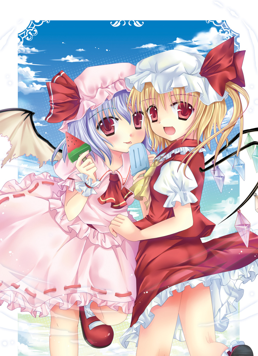 2girls bat_wings blonde_hair dress flandre_scarlet hanahanaken hat highres lavender_hair mary_janes multiple_girls ponytail popsicle red_eyes remilia_scarlet shoes short_hair siblings side_ponytail sisters suika_bar touhou wings