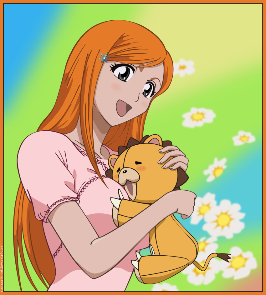 bleach breast hug inoue_orihime kon orange_hair pink_shirt signed vector