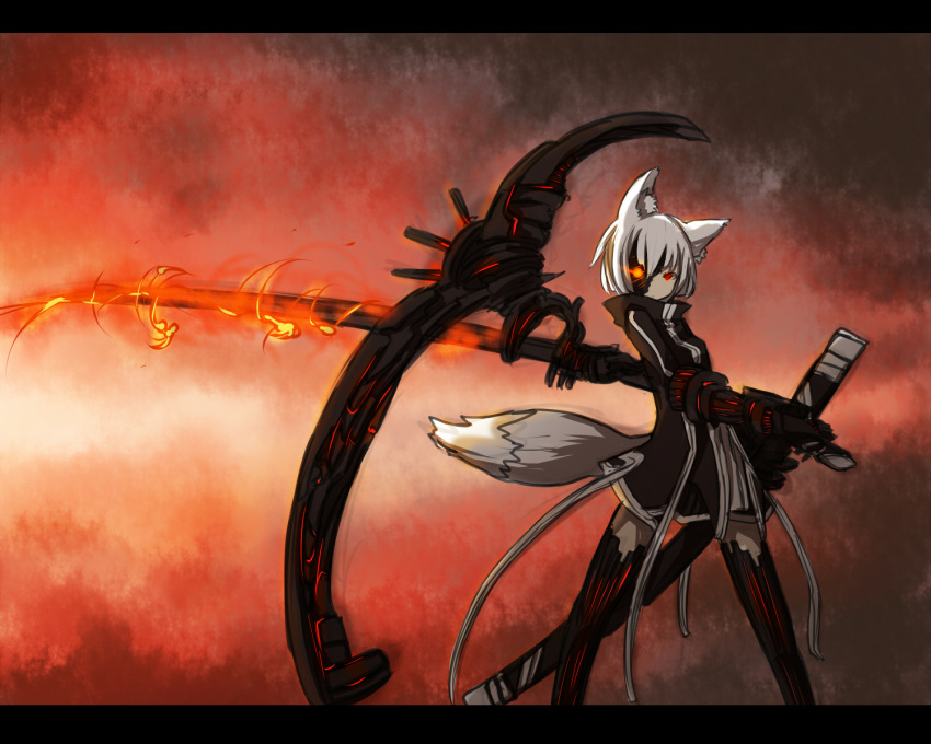 fox_ears glowing glowing_eyes highres long_sleeves original red_eyes shirogane_usagi short_hair solo sword tail thighhighs weapon white_hair