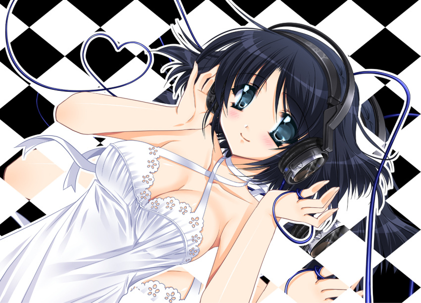 black_hair blue_eyes blush cable checkered cleavage dress headphones heart original ryuuga_shou smile