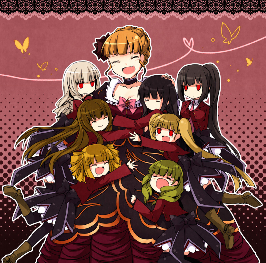 :&lt; asmodeus beatrice beelzebub belphegor butterfly fang hug leviathan leviathan_(umineko) lucifer mammon multiple_girls satan stakes_of_purgatory suzushiro_kurumi thighhighs umineko_no_naku_koro_ni