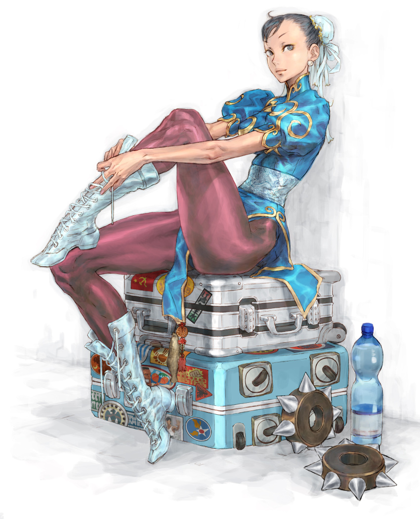 absurdres boots bracelet briefcase bun_cover capcom china_dress chinese_clothes chun-li highres jewelry knee_boots legs nishimura_kinu official_art pantyhose sitting solo spiked_bracelet spikes street_fighter thick_thighs thighs