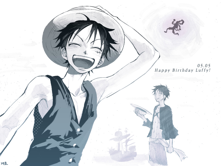 1boy black_hair closed_eyes commentary_request cowboy_shot cross_scar dated facing_viewer happy_birthday hat holding holding_unworn_clothes holding_unworn_hat korean_commentary looking_at_viewer monkey_d._luffy monochrome multiple_views one_piece open_mouth pirate_ship playwithfire_3 scar scar_on_cheek scar_on_chest scar_on_face short_hair shorts simple_background smile straw_hat sun_god_nika_(one_piece) thousand_sunny unworn_hat unworn_headwear upper_body vest