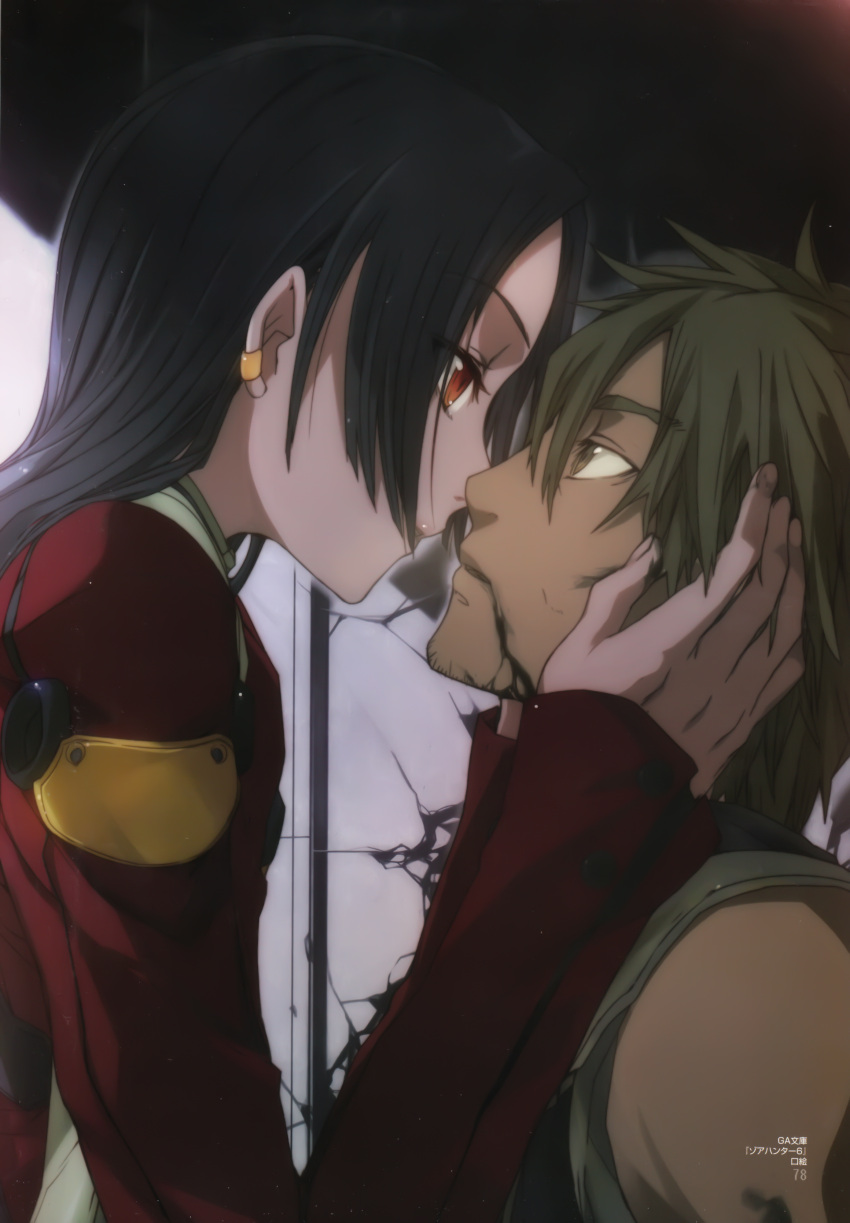 absurdres black_hair blood brown_hair bunbun character_request couple earrings highres incipient_kiss jewelry red_eyes source_request yellow_eyes