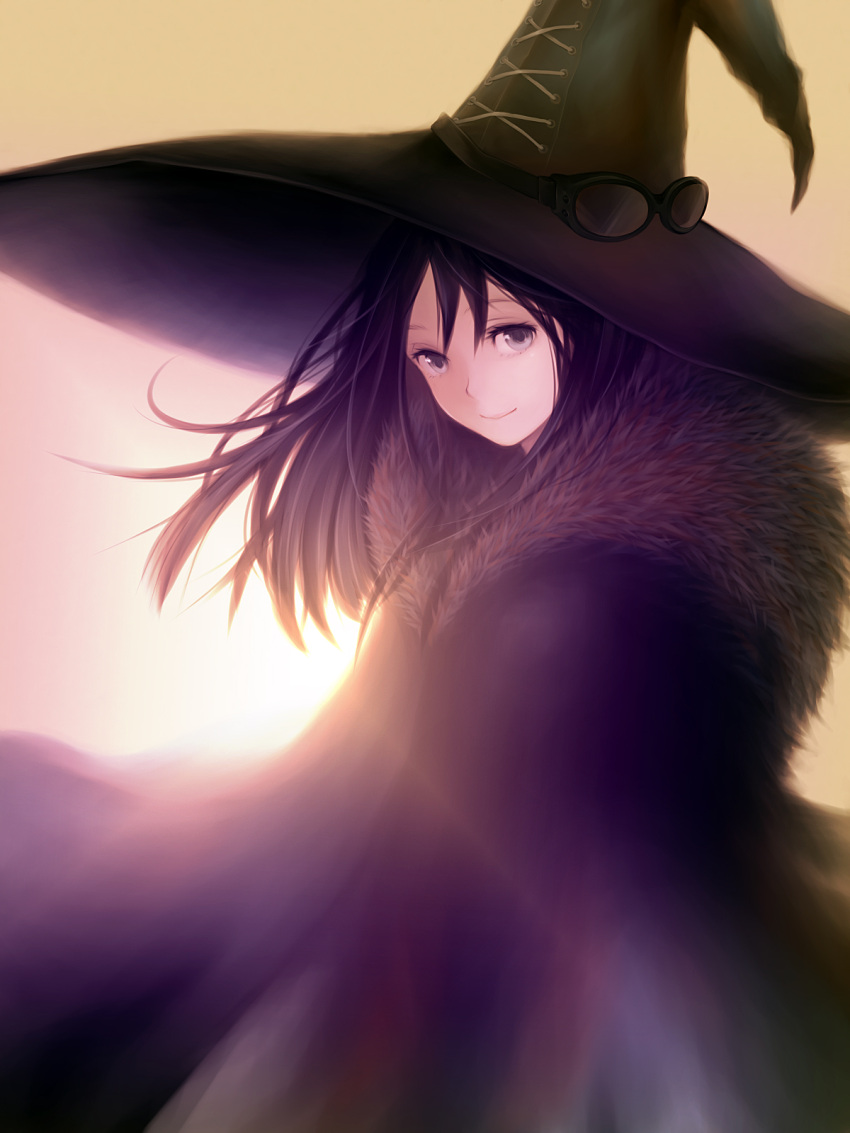 black_eyes black_hair cape fur goggles goggles_removed hat highres lens_flare long_hair original smile solo sun sunlight teti witch witch_hat