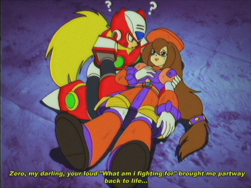 1990s_(style) 1boy 1girl ? android armor beret blonde_hair blue_eyes breasts brown_hair dress english_commentary faux_retro_artstyle full_body gloves green_eyes hat helmet highres iris_(mega_man) kneeling long_hair low-tied_long_hair lueduar lying medium_breasts mega_man_(series) mega_man_x4 mega_man_x_(series) multicolored_dress ponytail red_armor red_hat red_helmet retro_artstyle robot robot_ears robot_girl shoulder_armor smile subtitled very_long_hair vhs_artifacts white_gloves zero_(mega_man)