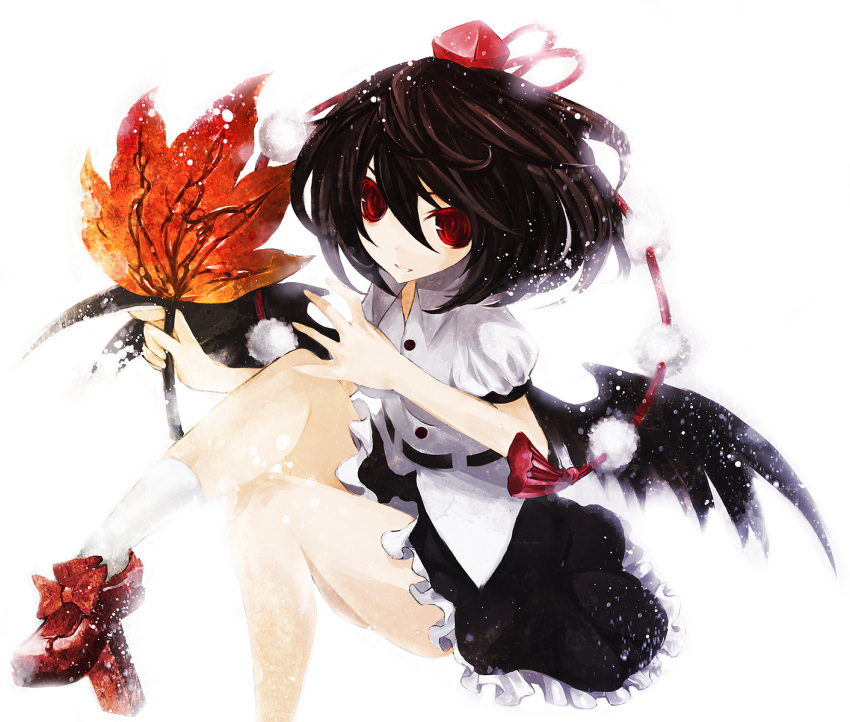 black_hair black_wings duca hat highres red_eyes shameimaru_aya short_hair skirt solo tokin_hat touhou wings