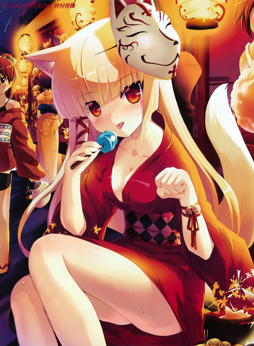 absurdres animal_ears bell blonde_hair breasts cleavage festival fox_ears fox_mask fox_tail hair_ribbon highres huge_filesize japanese_clothes jingle_bell kimono licking mask minamura_halki minamura_haruki nekomimi orange_eyes paw_pose ribbon slit_pupils solo sweatdrop tail tongue yukata