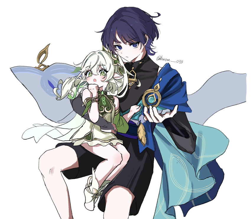1boy 1girl anklet arm_around_another's_back armlet armor belt black_belt black_bodysuit black_bridal_gauntlets black_shorts blue_cape blunt_ends blush bodysuit bracelet bridal_gauntlets bright_pupils buran_033 cape choppy_bangs clenched_hand closed_mouth colored_tips commentary_request covered_collarbone cross-shaped_pupils detached_sleeves dress eyelashes feathers furisode gem genshin_impact gold green_dress green_eyes green_gem green_hair green_sleeves green_socks hair_intakes hair_ornament hand_on_another's_stomach hand_on_another's_waist hand_up height_difference highres japanese_armor japanese_clothes jewelry kimono kote kurokote leaf leaf_hair_ornament long_hair looking_at_viewer looking_to_the_side mandarin_collar multicolored_hair nahida_(genshin_impact) open_hand open_mouth pom_pom_(clothes) purple_hair purple_sash sash scaramouche_(genshin_impact) short_dress shorts shoulder_peek side_cape side_ponytail sidelocks sitting sitting_on_lap sitting_on_person socks symbol-shaped_pupils toeless_socks tsurime twitter_username violet_eyes wanderer_(genshin_impact) white_background white_hair white_pupils yellow_feathers