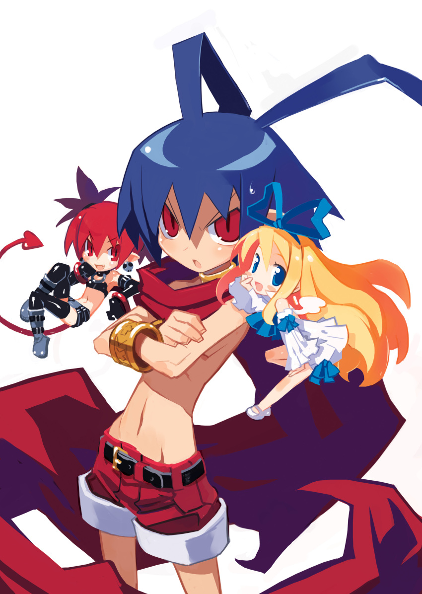 antenna_hair bat_wings blonde_hair blue_eyes blue_hair bracelet demon_girl demon_tail detached_sleeves disgaea earrings elbow_gloves etna flat_chest flonne gloves harada_takehito highres jewelry laharl long_hair makai_senki_disgaea minigirl nippon_ichi official_art pointy_ears red_eyes red_hair ribbon scarf simple_background tail thighhighs twintails wings