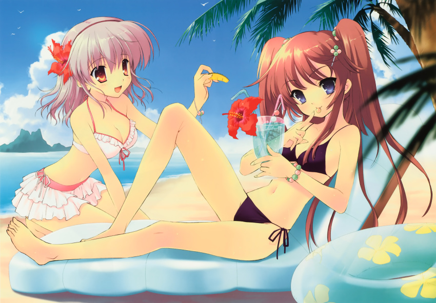 :d absurdres bikini bikini_skirt blue_eyes brown_hair cleavage collaboration copyright_request dango drink flower food food_in_mouth frilled_bikini frills hair_flower hair_ornament hibiscus highres inflatable_chair innertube itou_noiji long_legs multiple_girls nanao_naru noizi_ito open_mouth palm_tree pink_bikini pink_hair purple_bikini red_eyes side-tie_bikini smile straw swimsuit swimsuit tree twintails wagashi