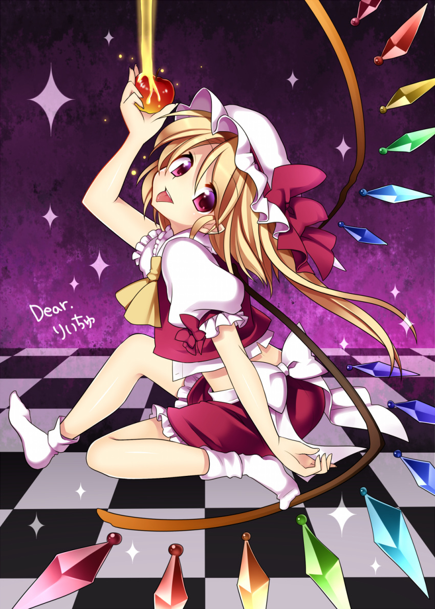 1girl apple bad_hands bad_id blonde_hair checkered checkered_floor flandre_scarlet food fruit highres holding holding_fruit honey masaru.jp no_shoes pink_eyes short_hair side_ponytail socks solo tongue touhou wings