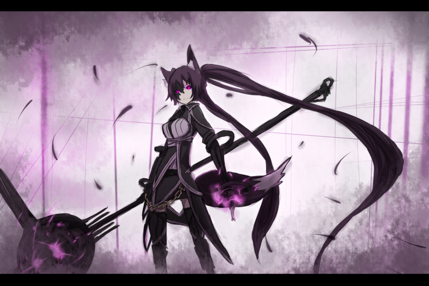 black_hair black_sclera chain fox_ears long_hair original purple_eyes shirogane_usagi solo tail twintails weapon