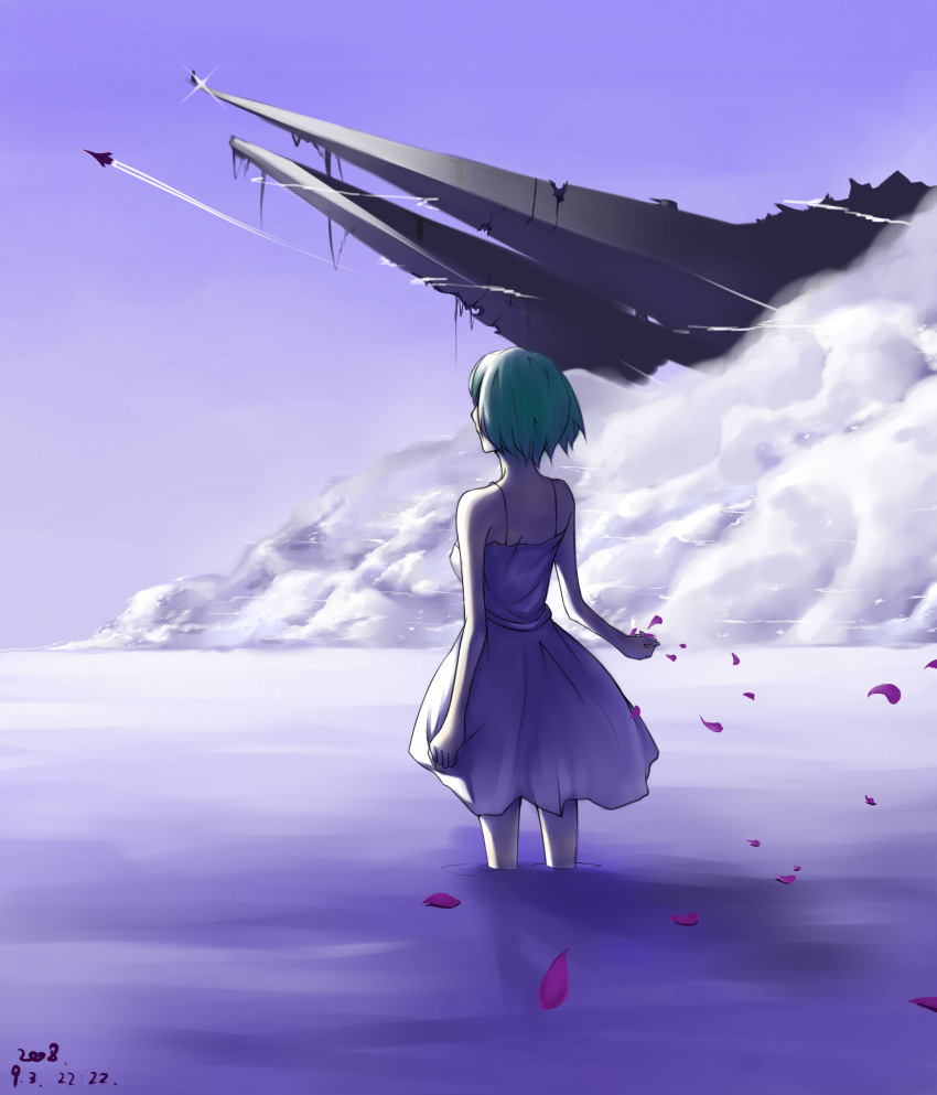 airplane cloud dress green_hair highres macross macross_frontier macross_quarter mecha petals ranka_lee short_hair sky vf-25 water wolfour