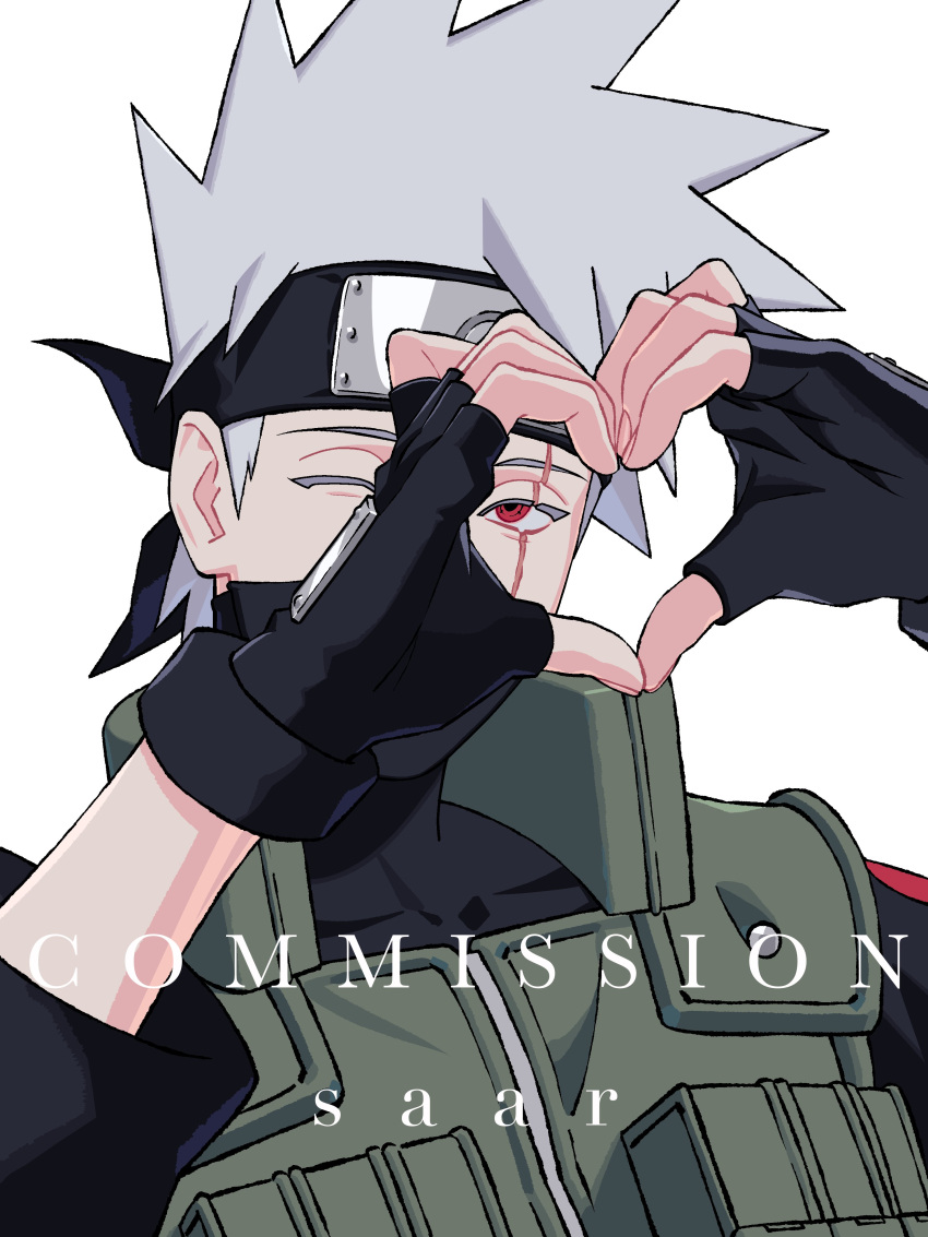 1boy absurdres artist_name black_gloves black_shirt colored_eyelashes commentary commission fingerless_gloves flak_jacket forehead_protector gloves grey_hair hatake_kakashi heart heart_hands highres jacket long_sleeves looking_at_viewer male_focus mask mouth_mask naruto_(series) one_eye_closed red_eyes saarcheung scar scar_across_eye scar_on_face sharingan shirt solo spiky_hair untranslatable_commentary upper_body white_background