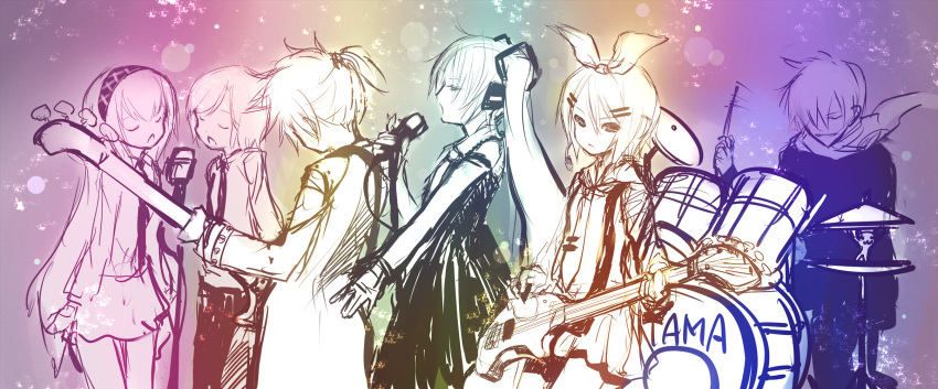 artist_request closed_eyes dress drums drumstick group guitar guitar_pick hair_bow hair_clip hairband hatsune_miku headphones headset highres instrument kagamine_len kagamine_rin kaito megurine_luka meiko microphone_stand necktie open_mouth ponytail scarf singing sketch skirt twintails very_long_hair vocaloid