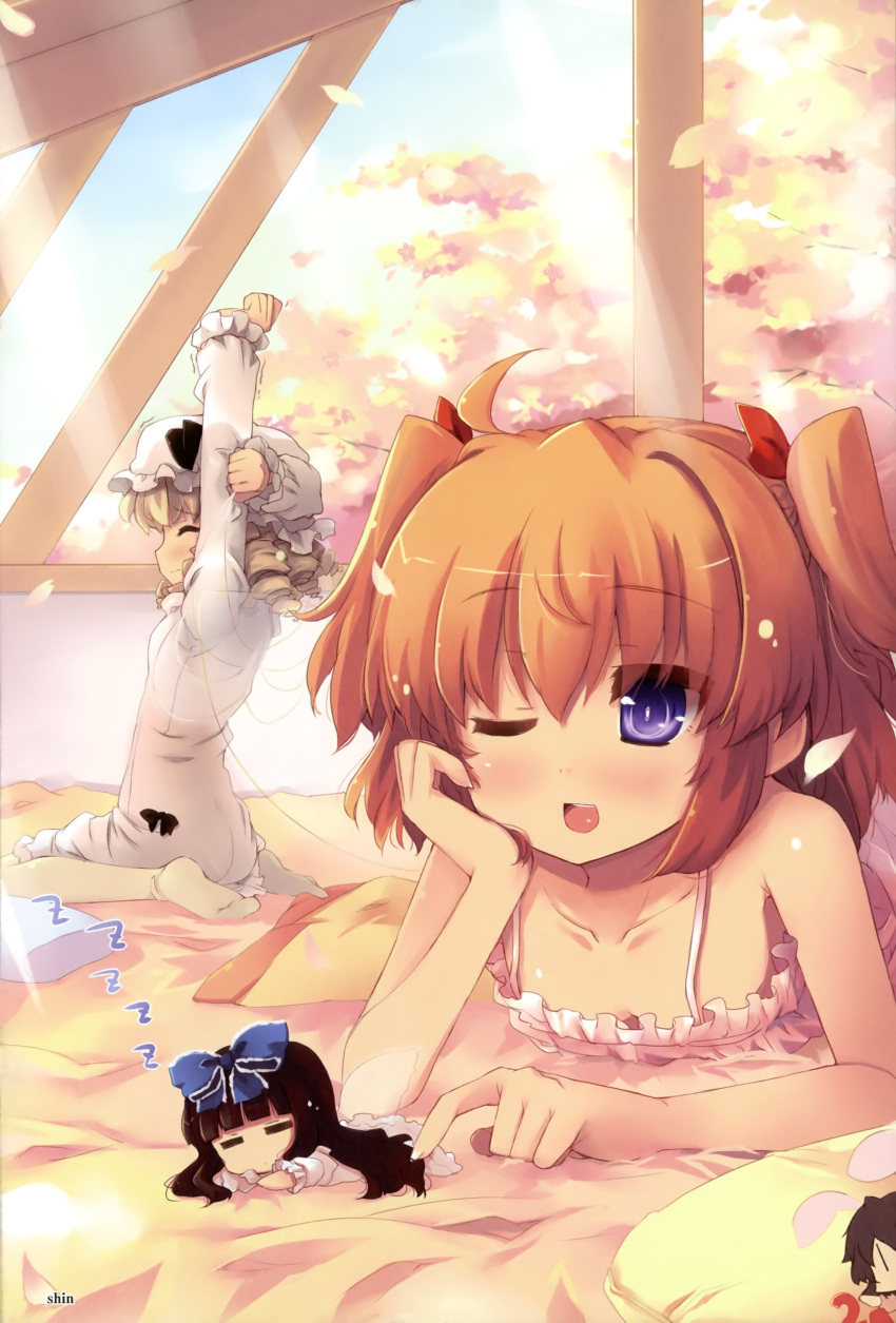 3girls =_= absurdres animal_ears black_hair blonde_hair blush bow brown_hair bunny_ears camisole cherry_blossoms collarbone curly_hair flat_chest hair_bow highres inaba_tewi long_hair luna_child lying minigirl multiple_girls nightcap nightgown on_stomach open_mouth orange_hair poking purple_eyes shin_(new) sleeping star_sapphire stretch sunlight sunny_milk touhou violet_eyes wink