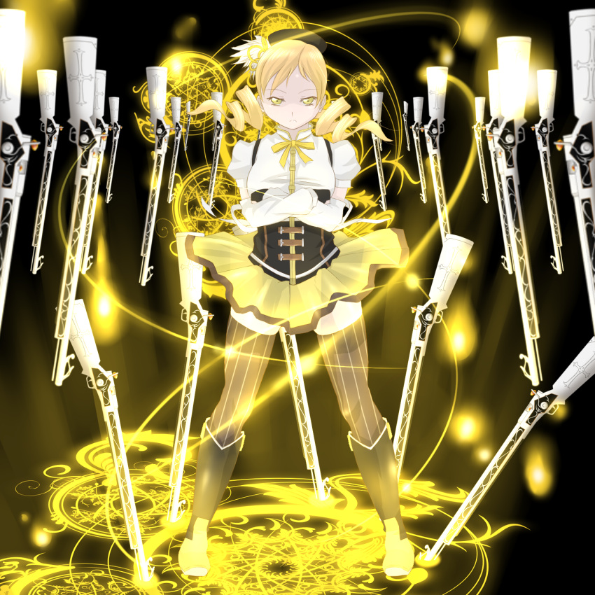 bad_id beret blonde_hair boots breasts brown_legwear corset crossed_arms detached_sleeves drill_hair fingerless_gloves frown gloves gun gunbuster_pose hair_ornament hairpin hat highres large_breasts light_particles magic_circle magical_girl magical_musket mahou_shoujo_madoka_magica paya pleated_skirt puffy_sleeves ribbon rifle skindentation skirt solo taut_shirt thigh-highs thighhighs tomoe_mami twin_drills vertical-striped_legwear vertical_stripes weapon yellow_eyes zettai_ryouiki