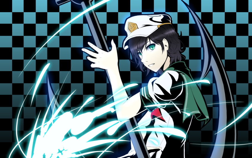 anchor black_hair checkered checkered_background danmaku gayprince green_eyes hat highres murasa_minamitsu sailor sailor_hat sailor_suit short_hair smile solo touhou